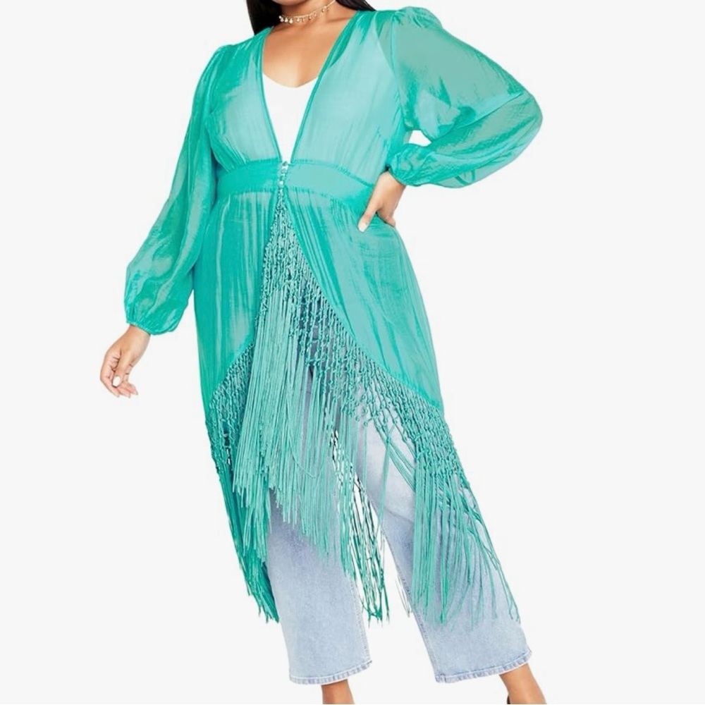 City Chic Calypso Fringe Jacket - Lagoon color